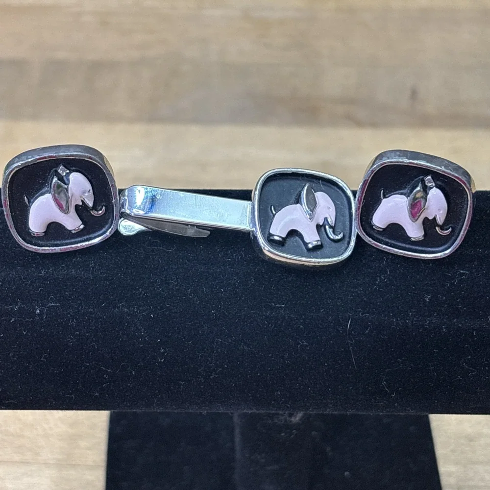 Vintage Hickok Pink Elephant Cufflinks Tie Clip Set Enamel MCM Mens Jewelry